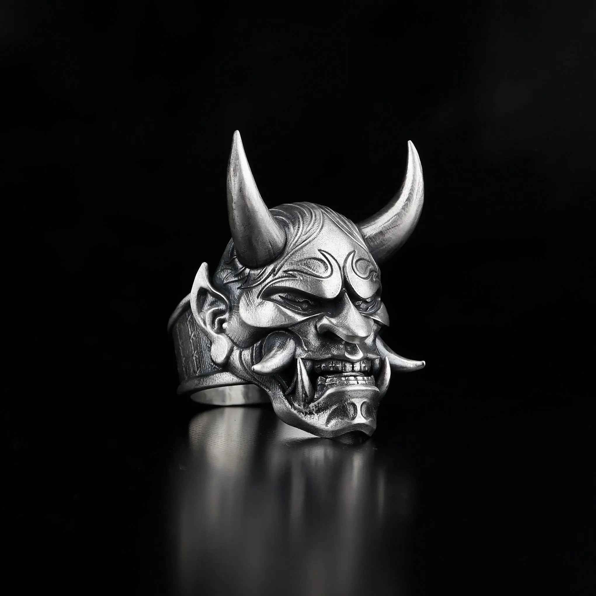 Sterling silver Japanese Oni mask ring for men