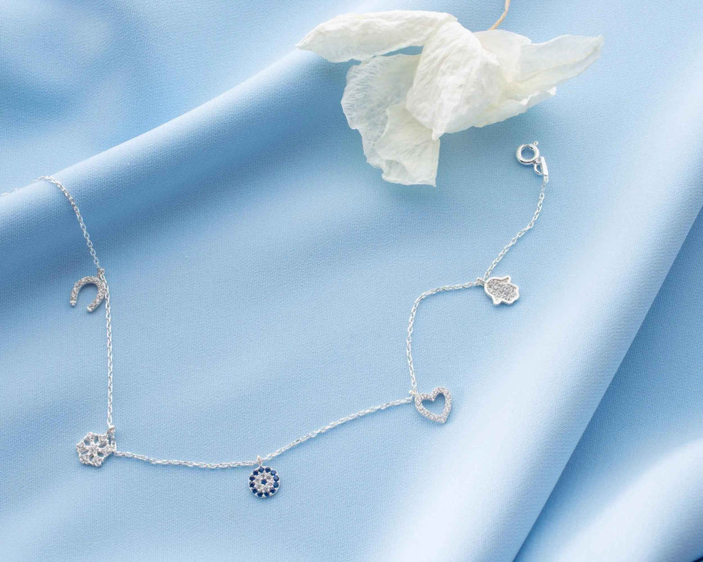 Sterling Silver Charm Anklet: Evil Eye, Heart, Snowflake