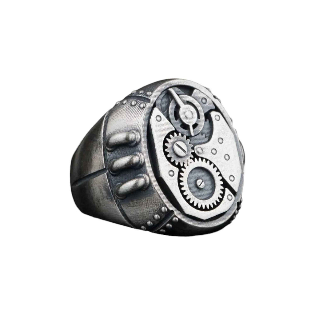 Sterling Silver Steampunk Gear Ring: Mechanical Gothic Jewelry
