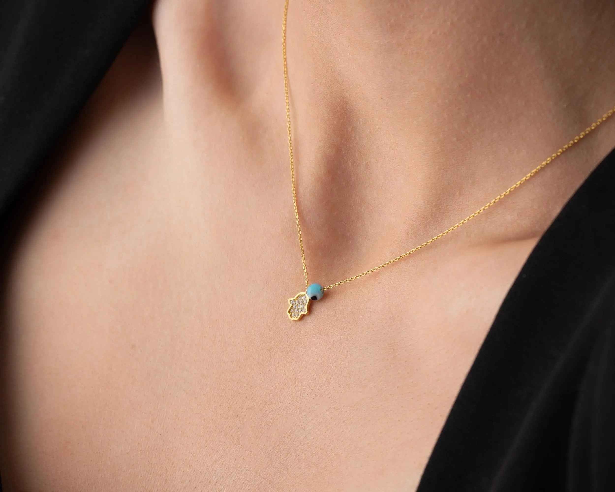 Gold Hamsa Necklace: Sterling Silver Fatima Hand Pendant