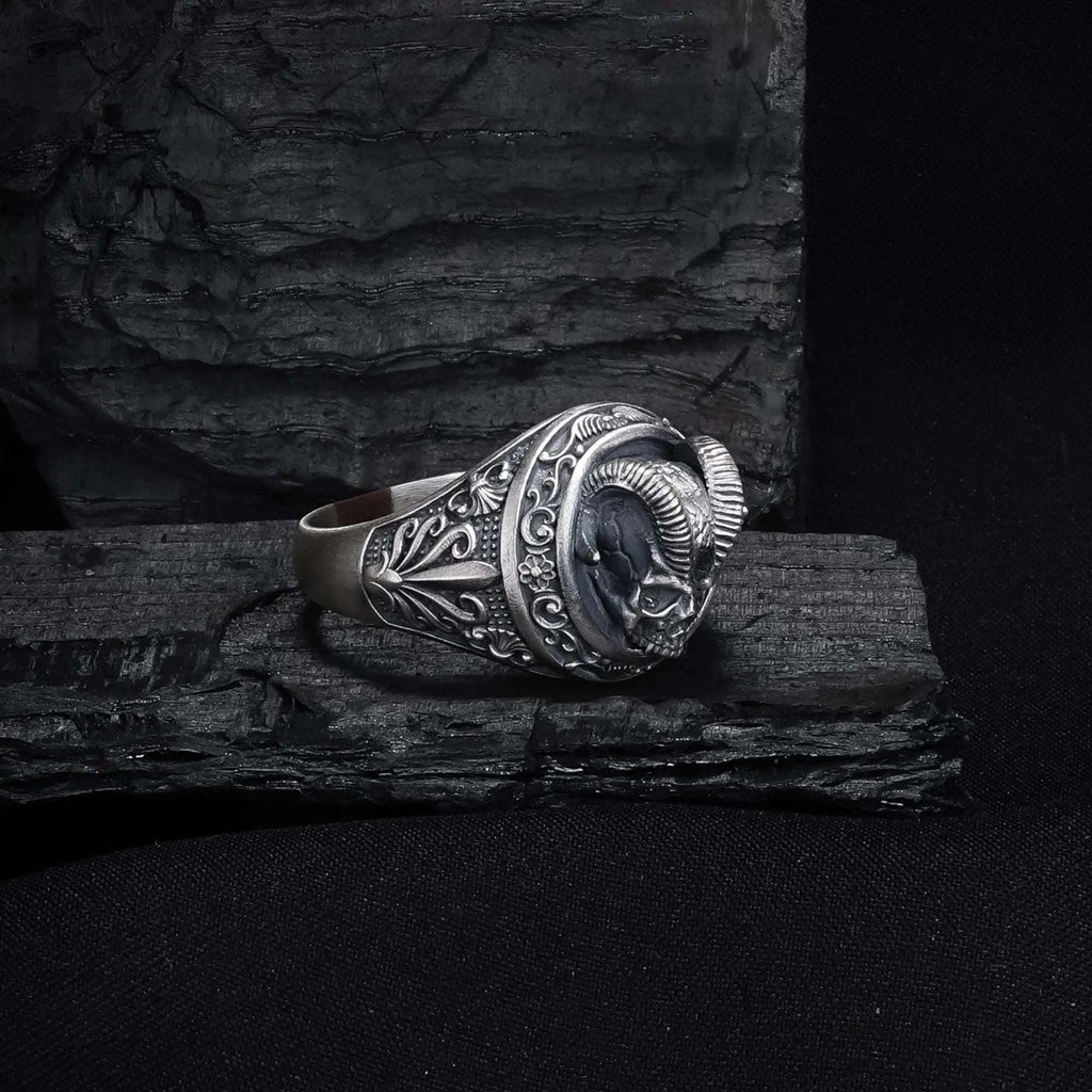 Oxidized Sterling Silver Demon Skull Ring, Gothic Biker Jewelry   Charmora Jewelry