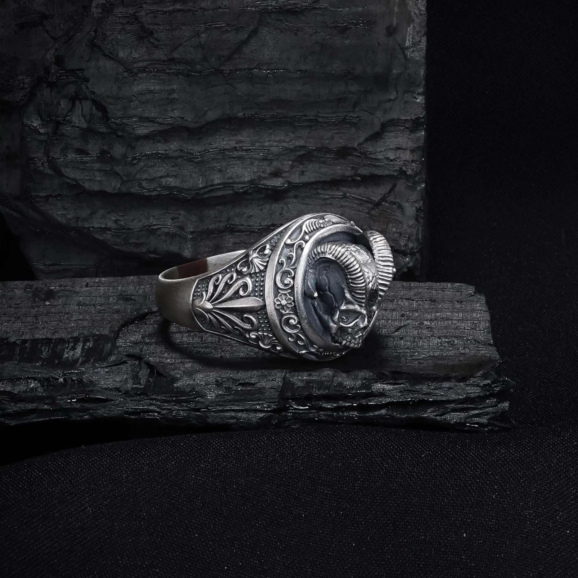 Oxidized Sterling Silver Demon Skull Ring, Gothic Biker Jewelry   Charmora Jewelry