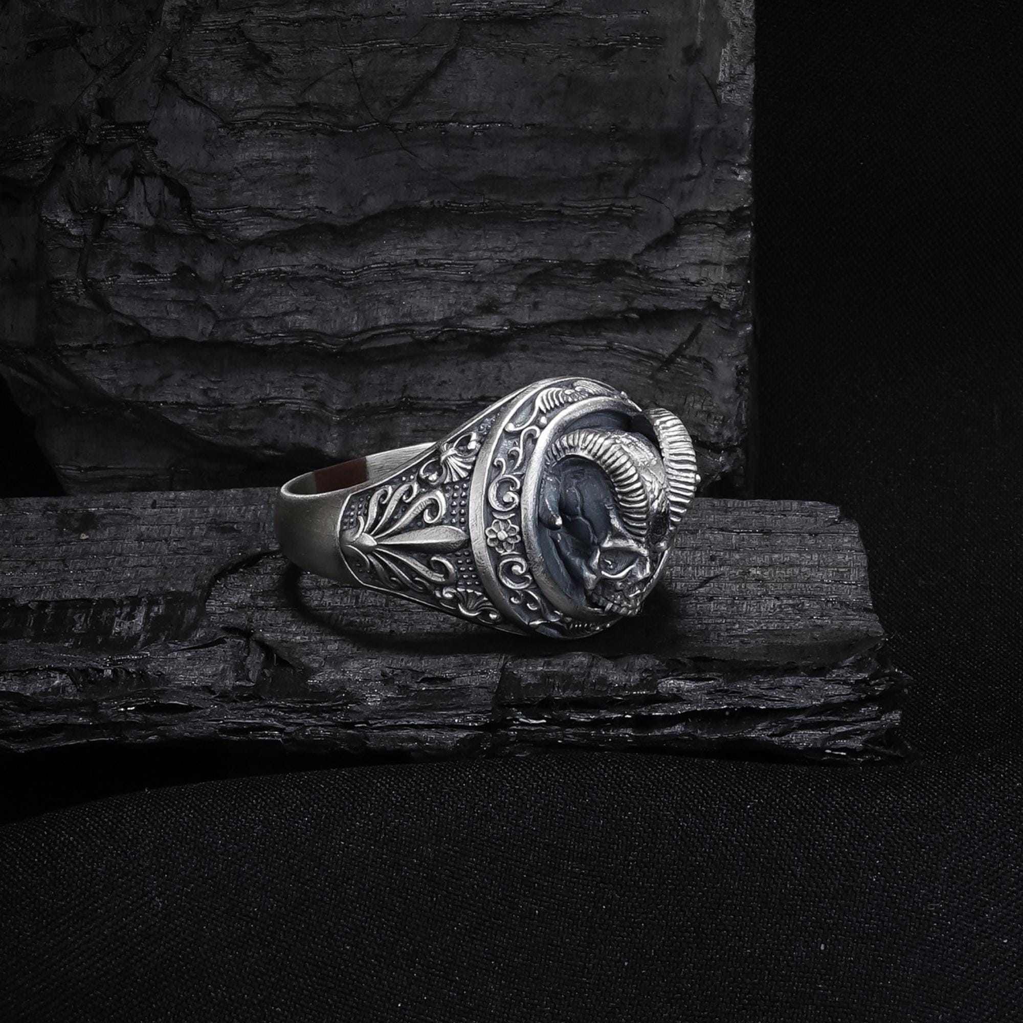 Oxidized Sterling Silver Demon Skull Ring, Gothic Biker Jewelry