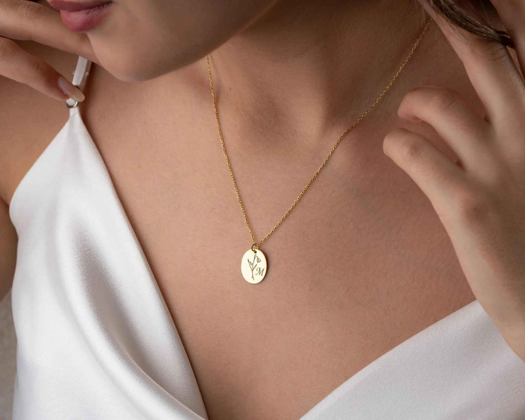 Birth Flower Initial Necklace: Engraved Sterling Silver Personalized Jewelry