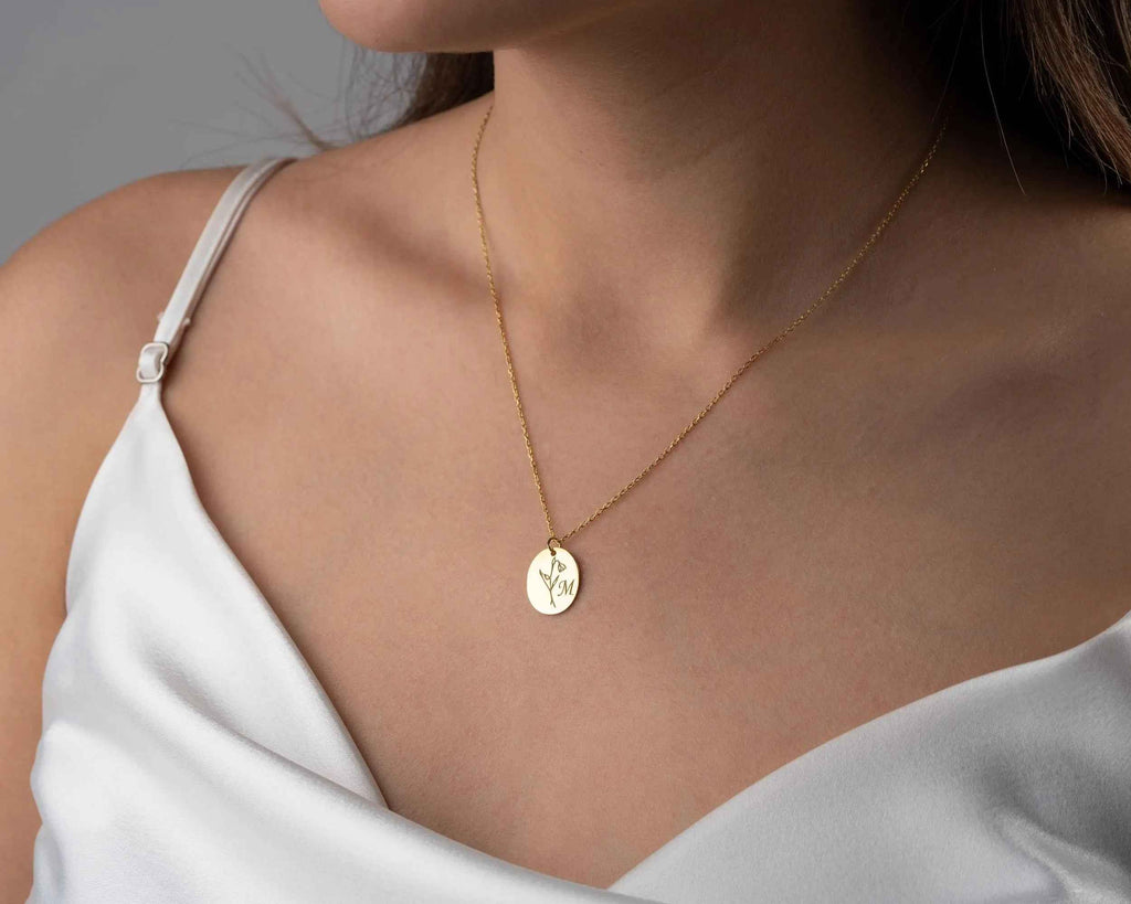 Birth Flower Initial Necklace: Engraved Sterling Silver Personalized Jewelry