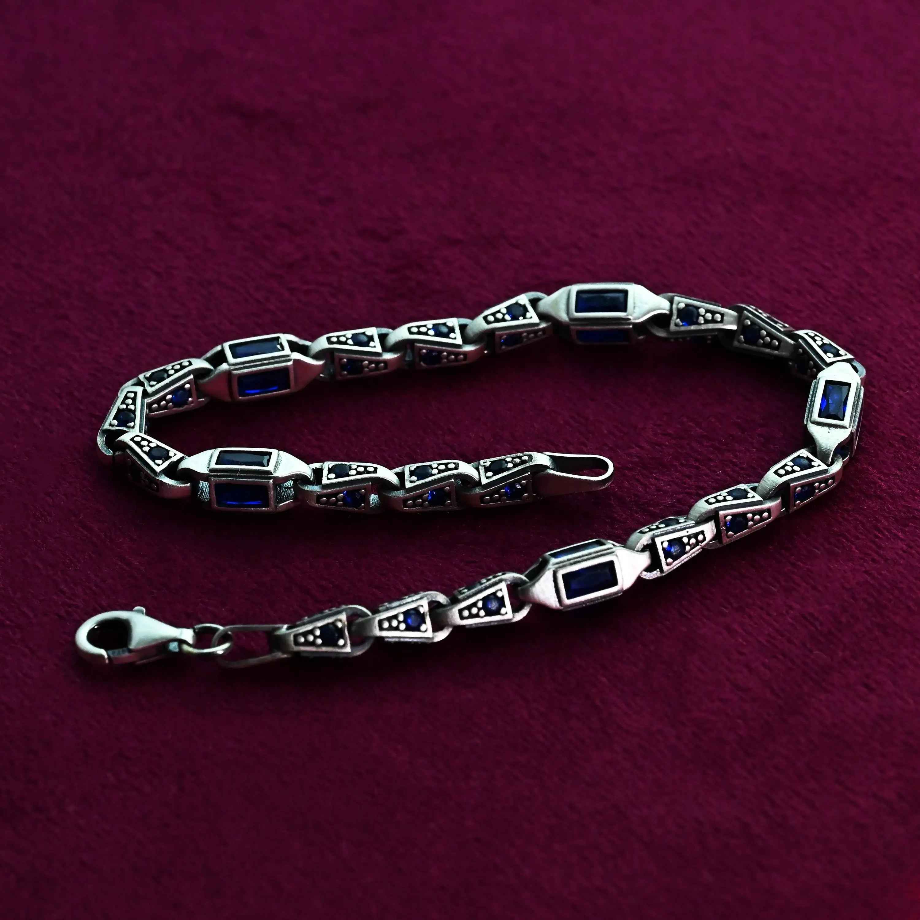 925 Sterling Silver Blue Baguette Bracelet for Men, Modern Men’s Jewelry Gift