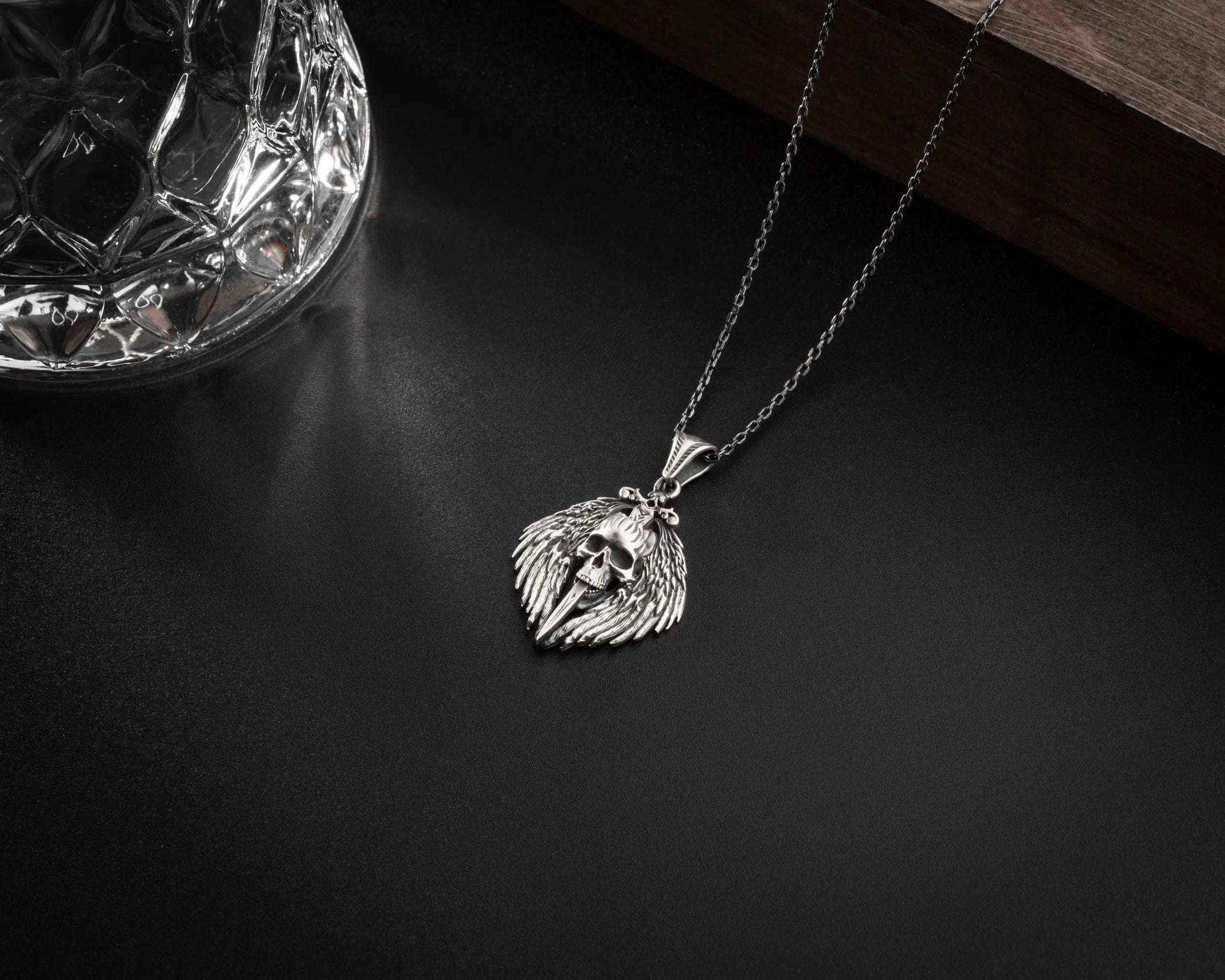 Oxidized Sterling Silver Skull Sword Necklace: Vintage Skull Charm