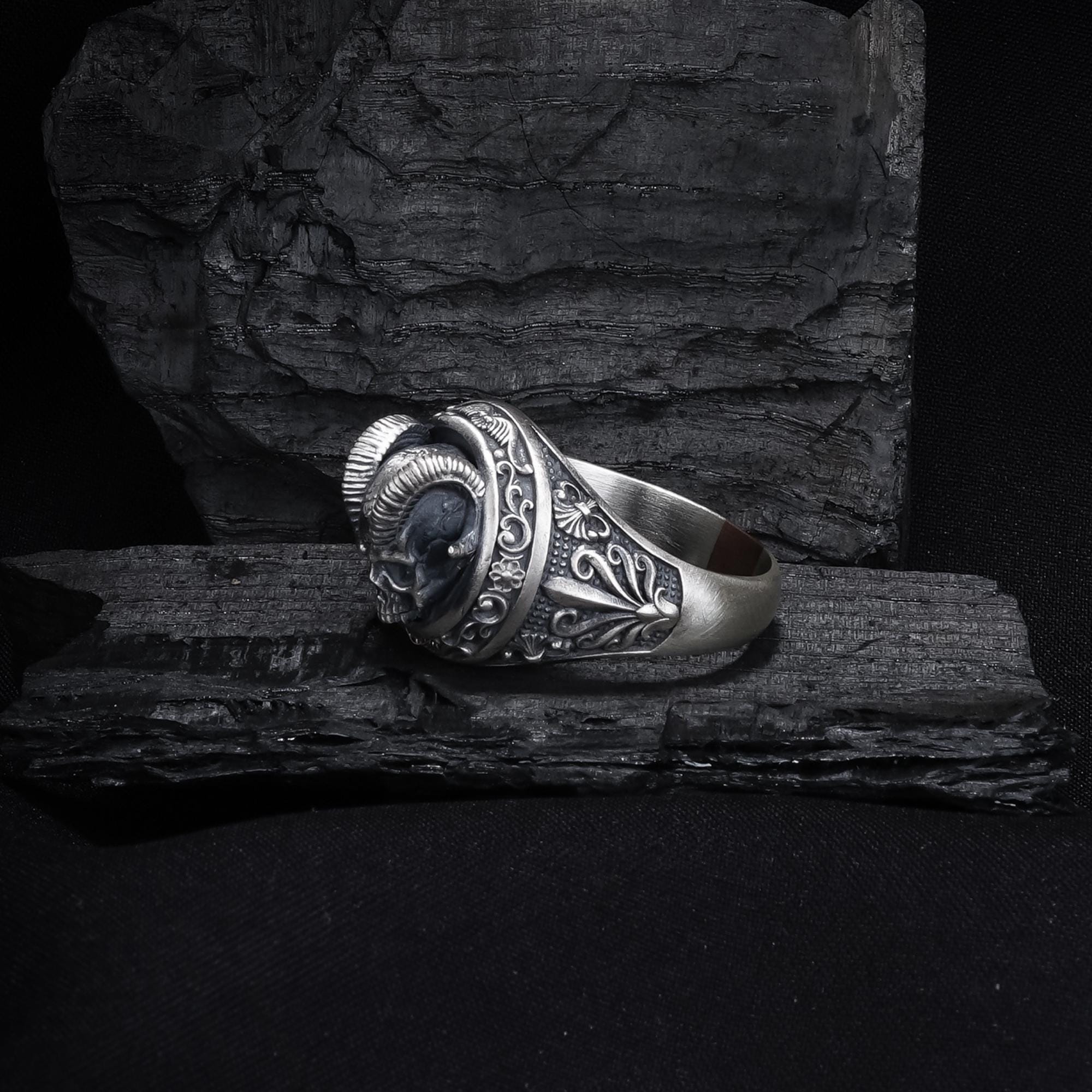 Oxidized Sterling Silver Demon Skull Ring, Gothic Biker Jewelry