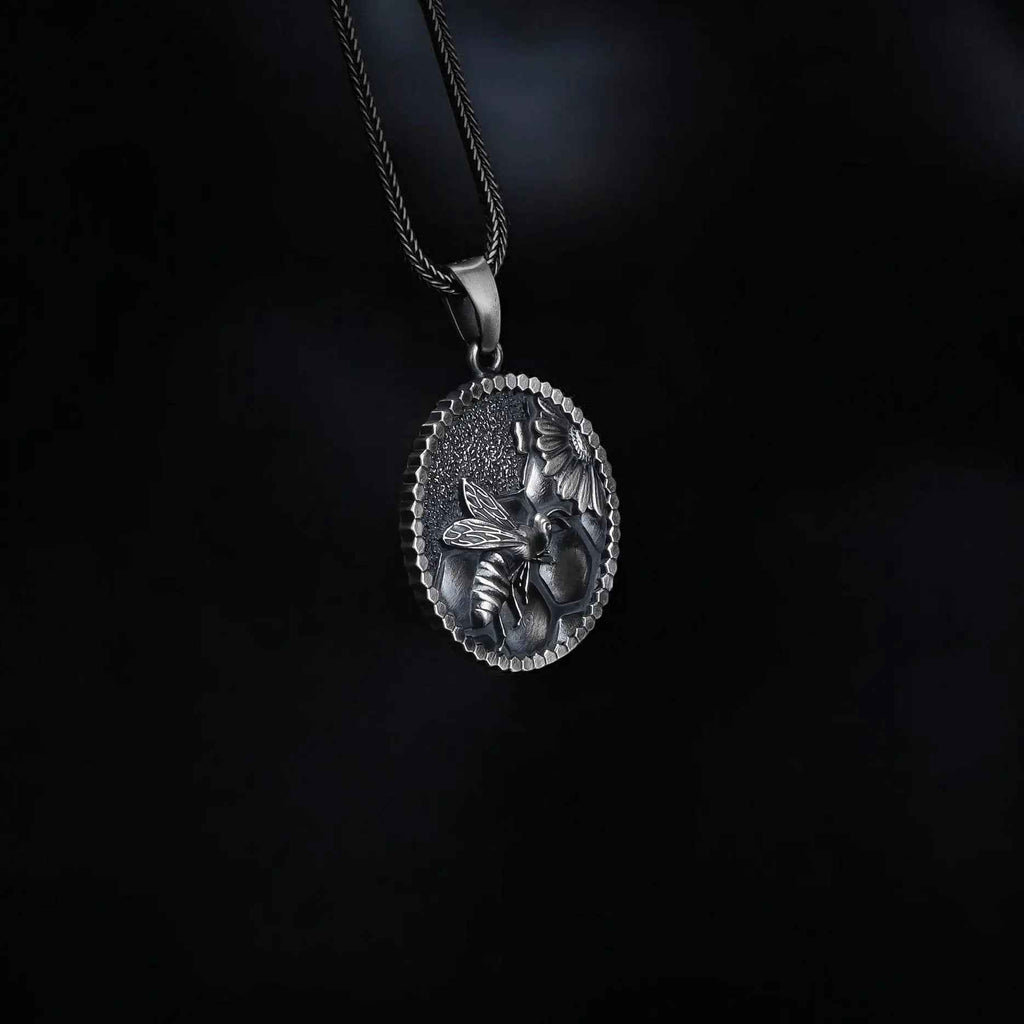 Handmade Sterling Silver Bee Necklace: Honeycomb Pendant Jewelry