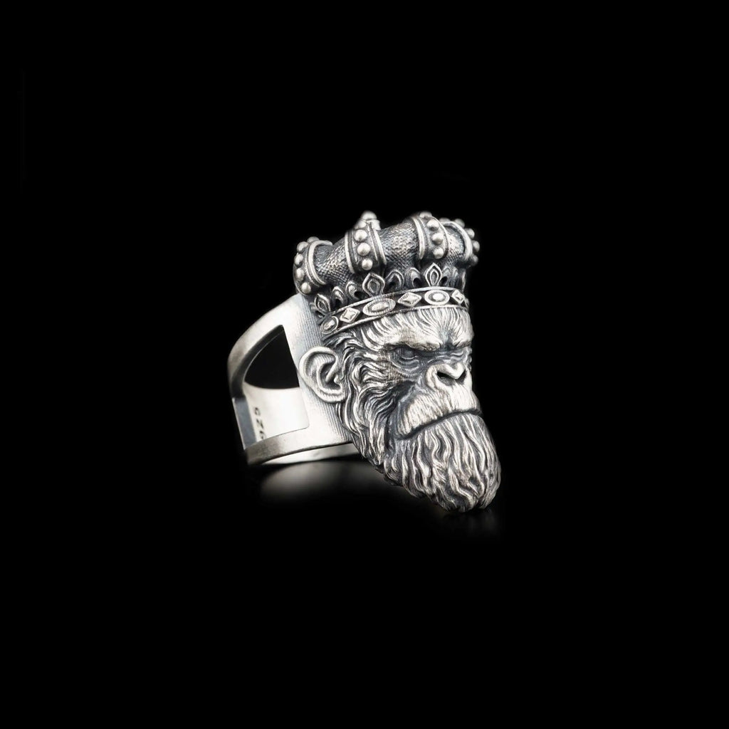 Sterling Silver Gorilla Head Ring: Biker Animal Jewelry   Charmora Jewelry