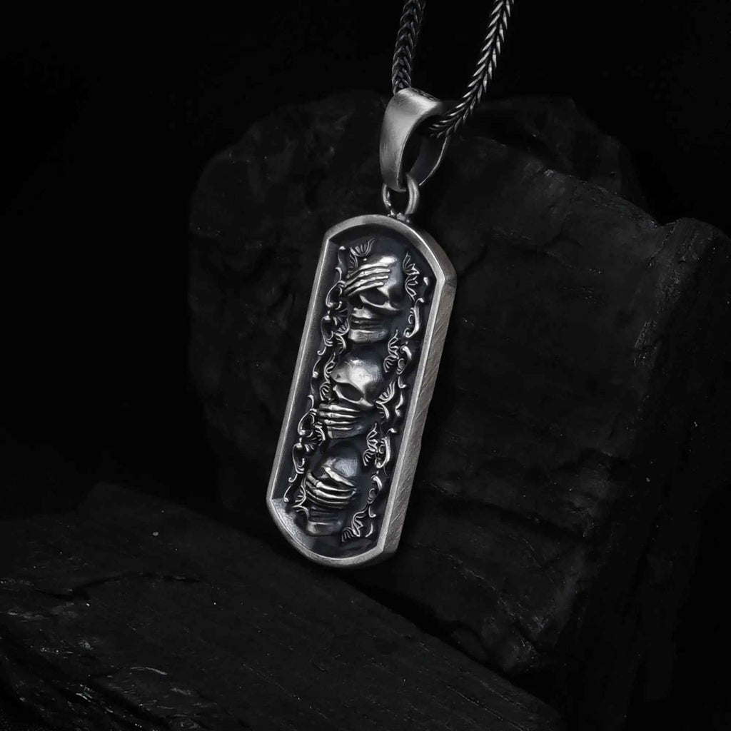 Sterling Silver Three Wise Skulls Necklace: Gothic Pendant Jewelry