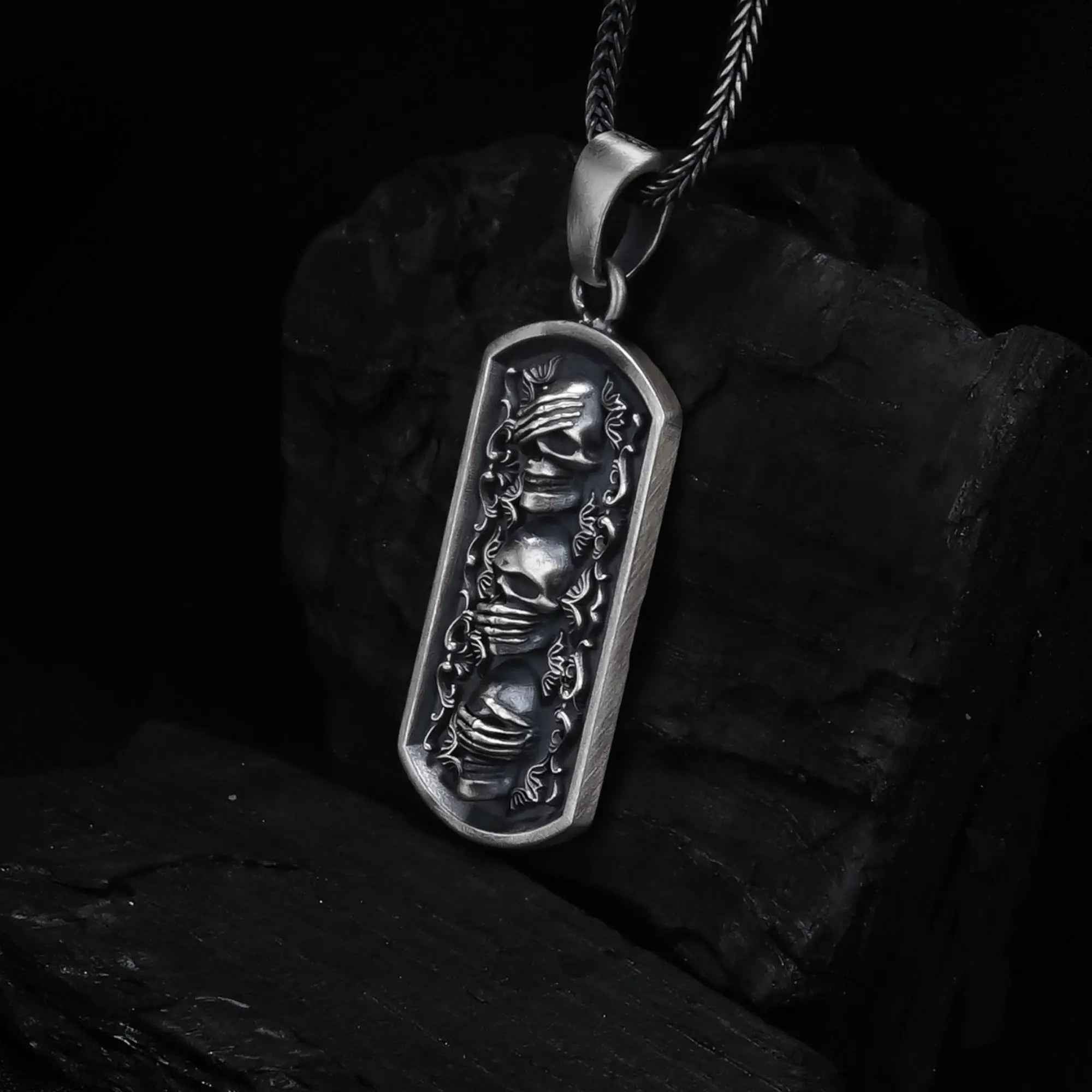 Sterling Silver Three Wise Skulls Necklace: Gothic Pendant Jewelry