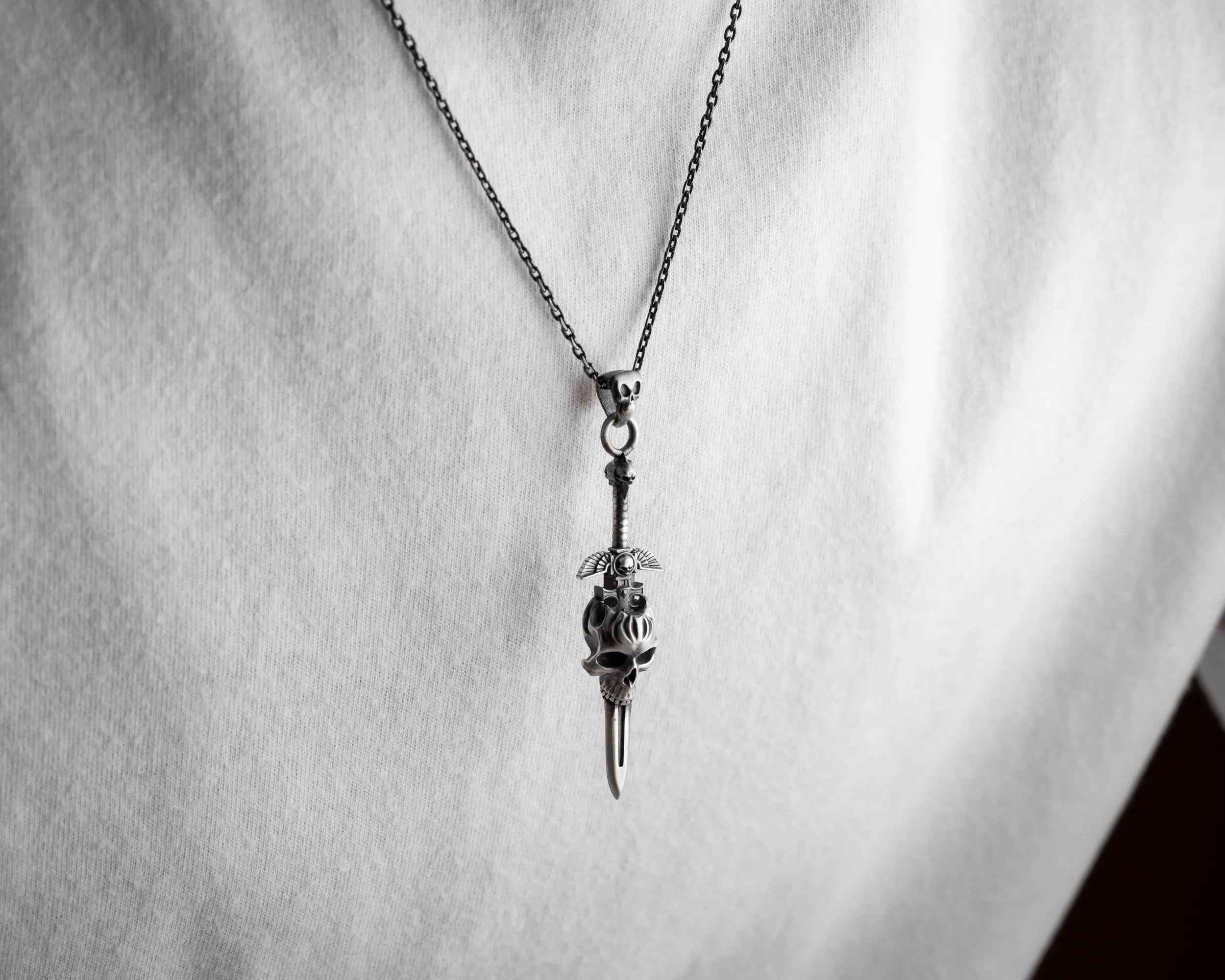 Sterling Silver Skull Sword Necklace: Gothic Viking Pendant
