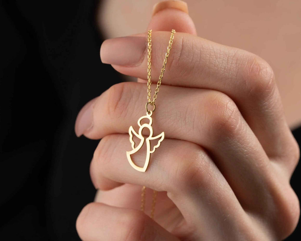 Solid Gold Angel Wing Necklace: 10K-18K Gold Pendant
