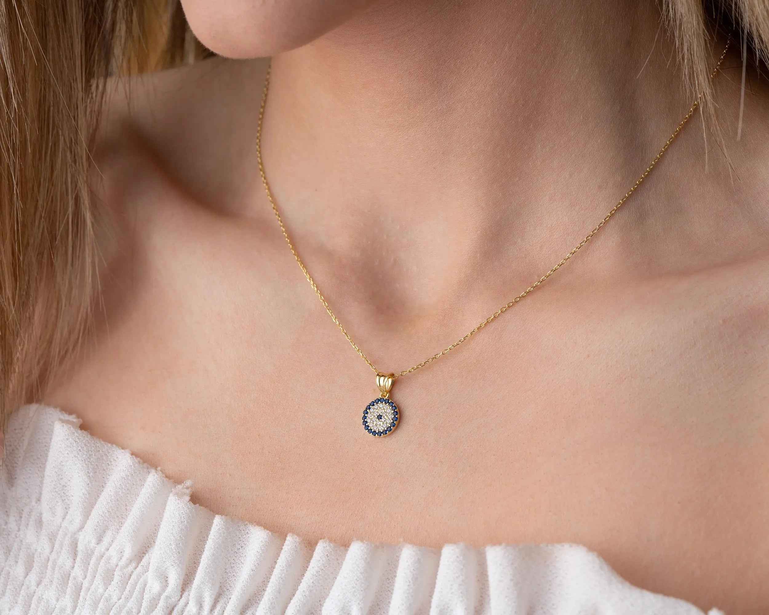 Sterling Silver Blue Evil Eye Necklace: Gold Protection Charm