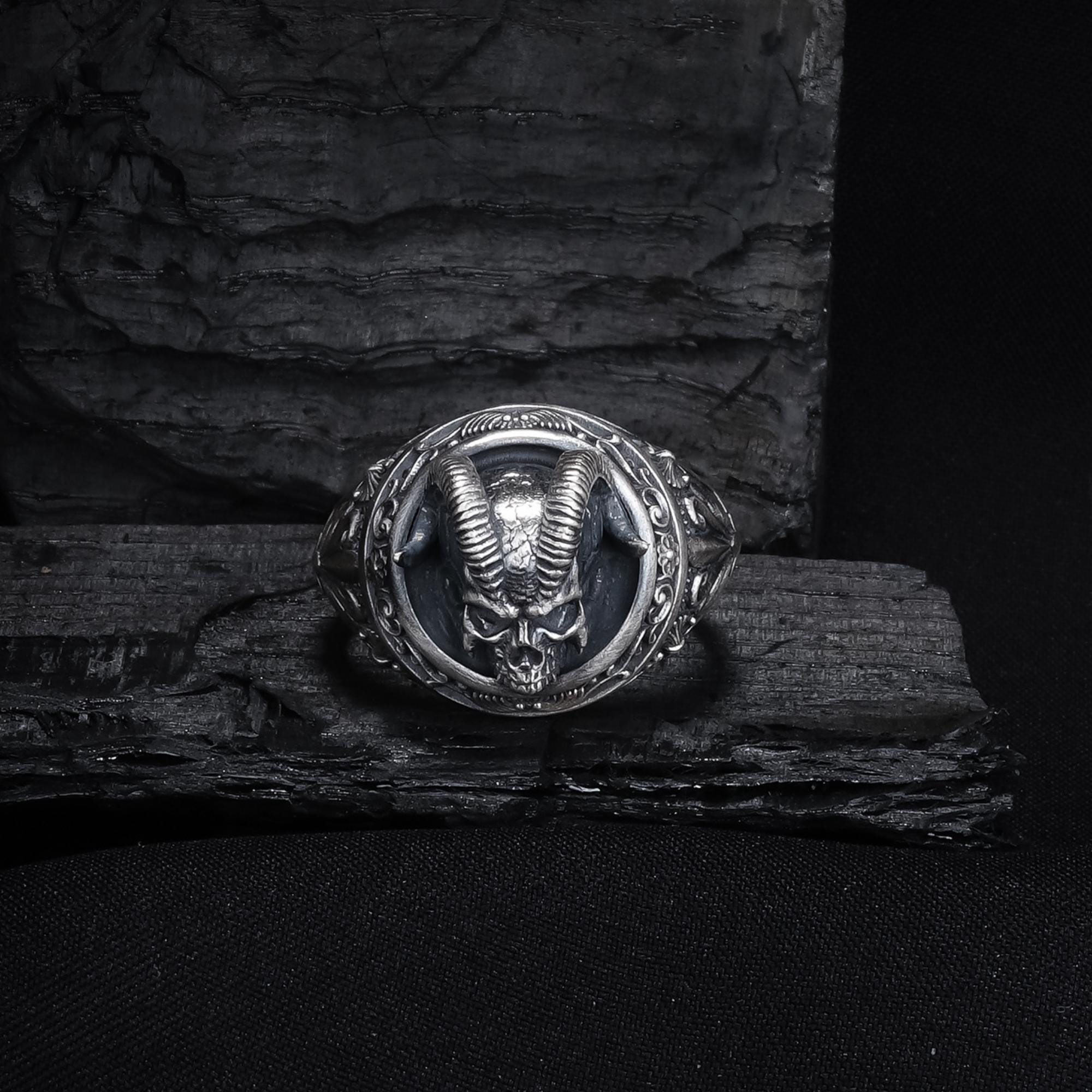 Oxidized Sterling Silver Demon Skull Ring, Gothic Biker Jewelry