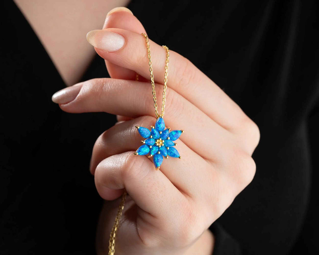 Lotus Flower Opal Sterling Silver Necklace - Handmade Jewelry