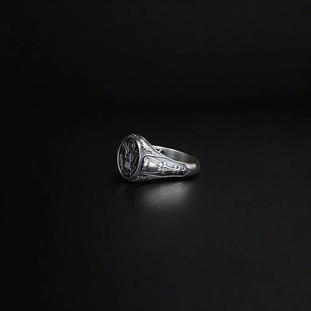 Mens Sterling Silver American Coat of Arms Ring: Patriotic USA Jewelry   Charmora Jewelry