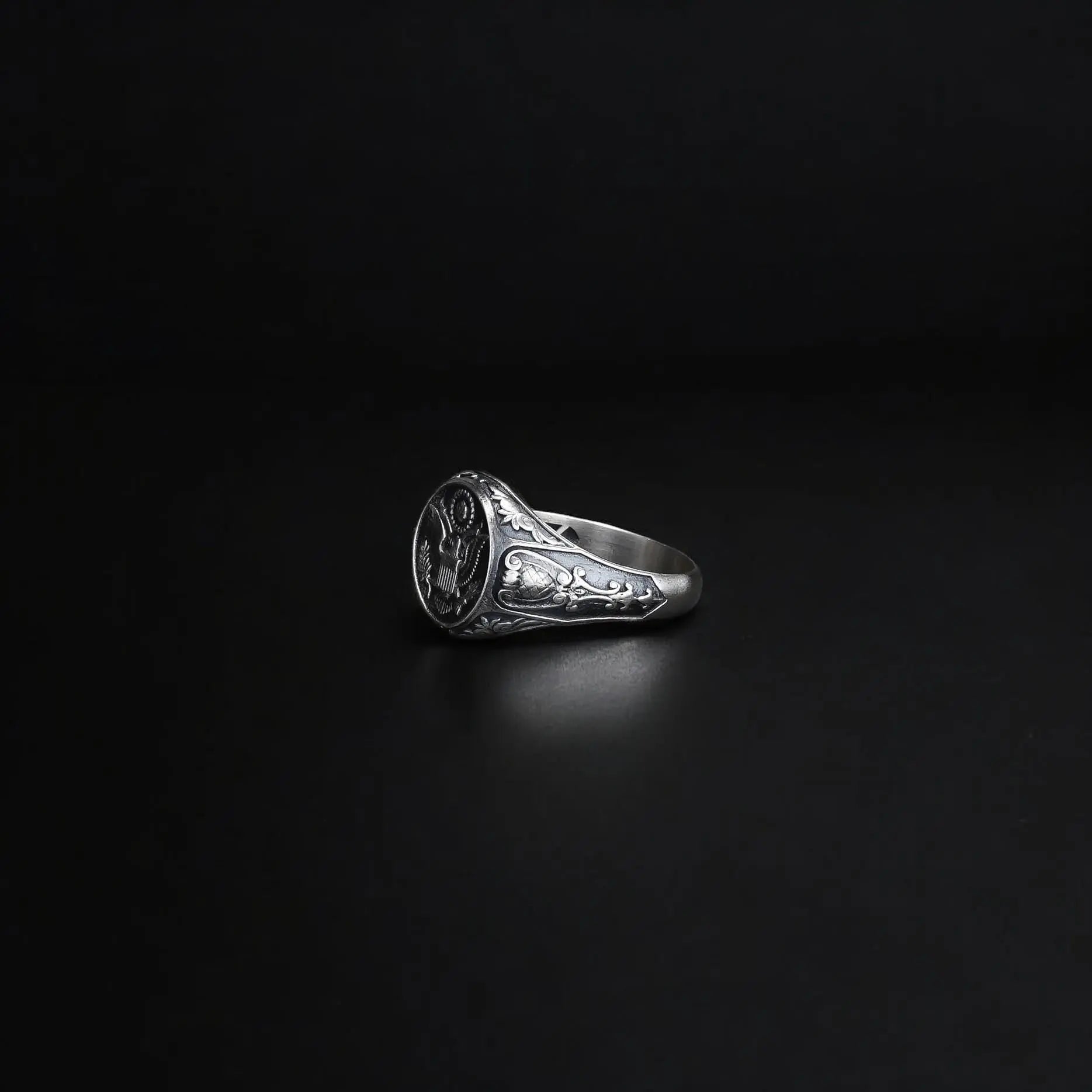 Mens Sterling Silver American Coat of Arms Ring: Patriotic USA Jewelry   Charmora Jewelry