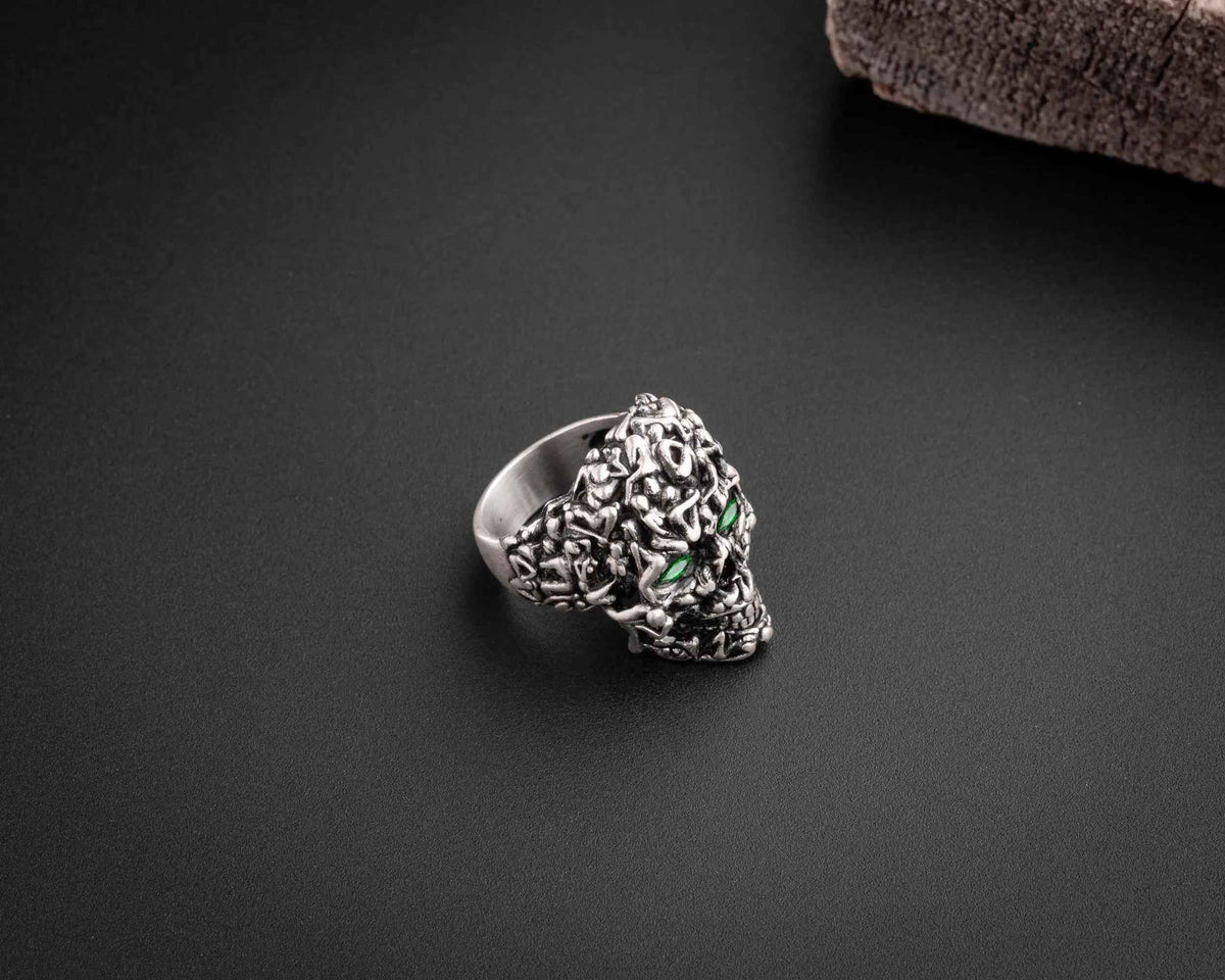 Green Zircon Skull Ring: Gothic Sterling Silver Men's Jewelry
