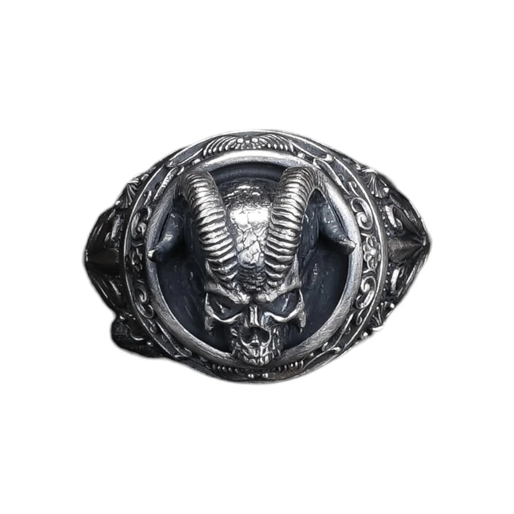 Oxidized Sterling Silver Demon Skull Ring, Gothic Biker Jewelry   Charmora Jewelry
