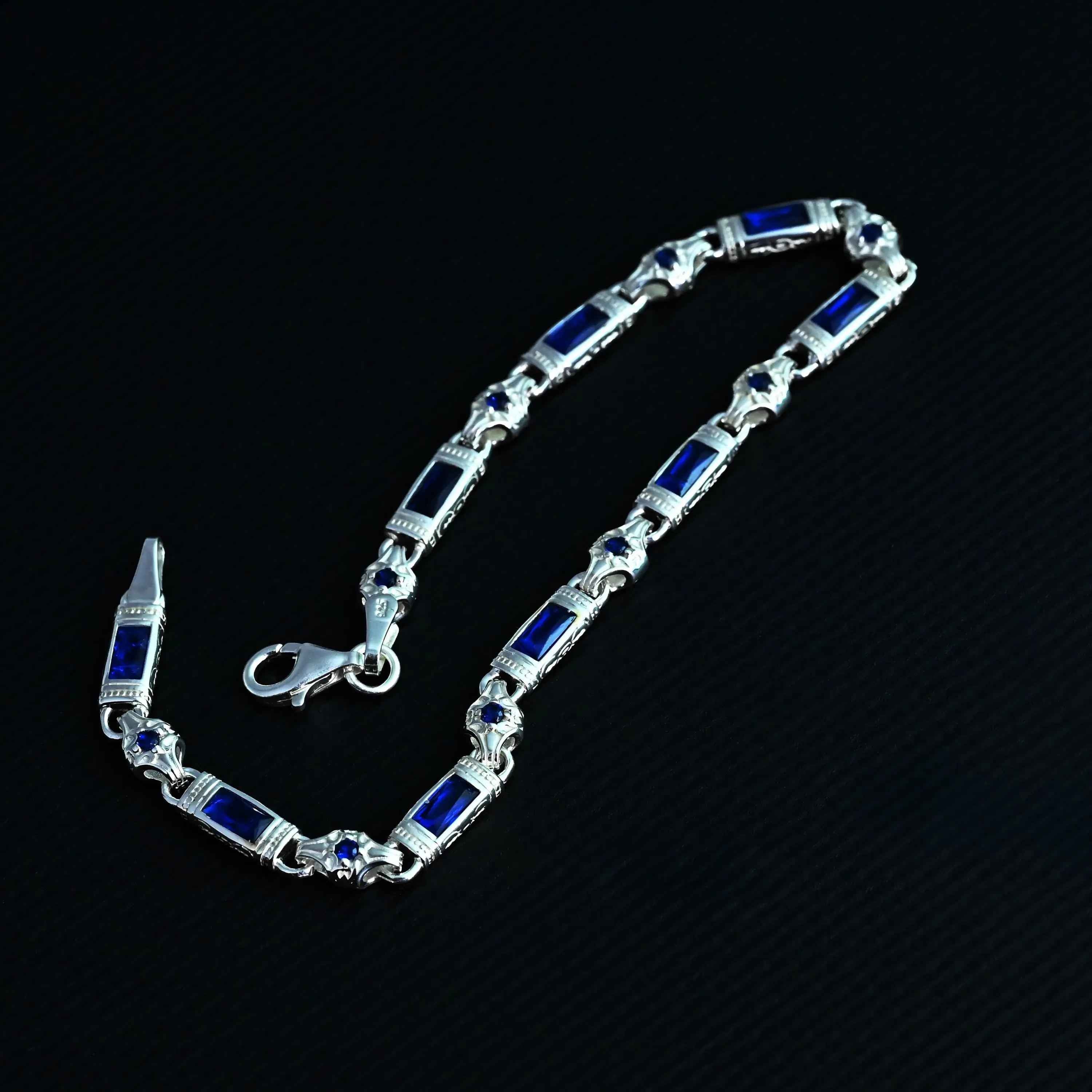 Sterling Silver Men’s Bracelet with Sapphire Baguette Stones – Gift for Him