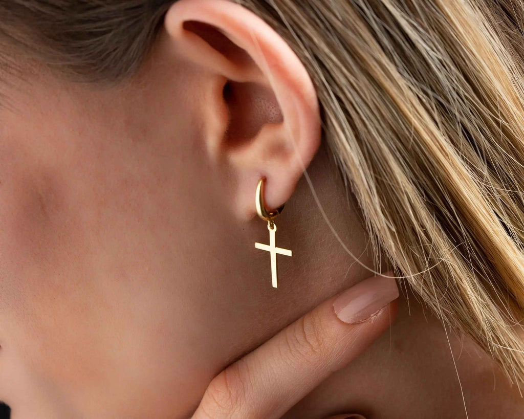 Solid Gold Cross Earrings, Religious Jewelry, Christmas Gift