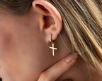 Solid Gold Cross Earrings, Religious Jewelry, Christmas Gift