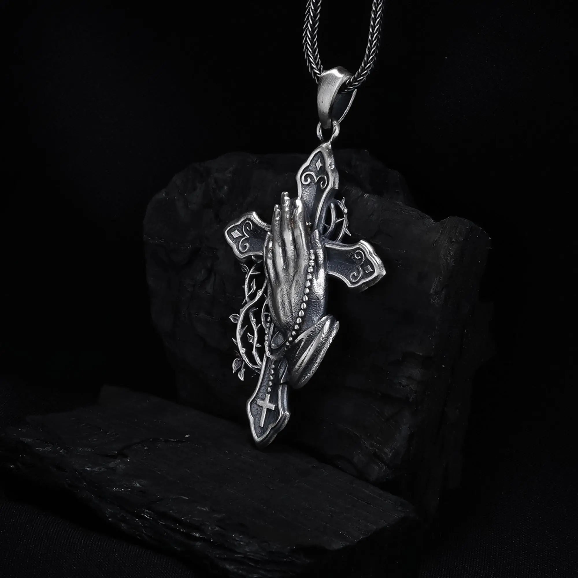 Sterling Silver Praying Hands Cross Necklace, Religious Pendant   Charmora Jewelry