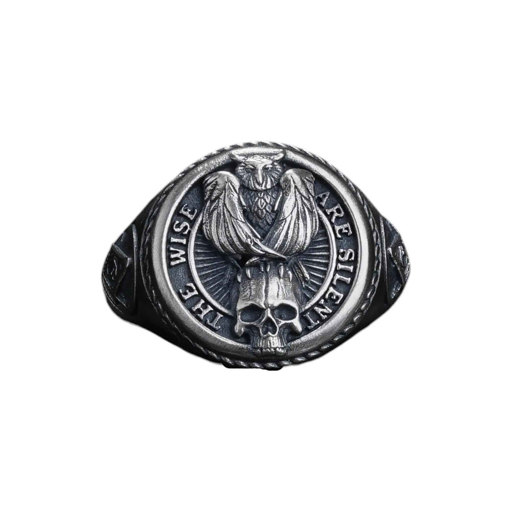 Oxidized Sterling Silver Owl Skull Ring: Gothic Biker Jewelry