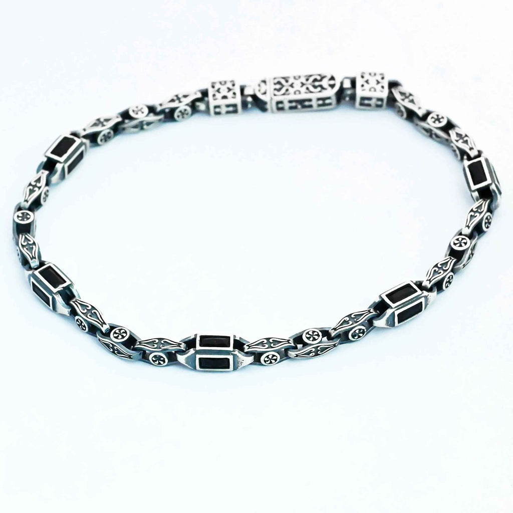 Sterling Silver Men's Bracelet: Black Zircon Vintage Link Design
