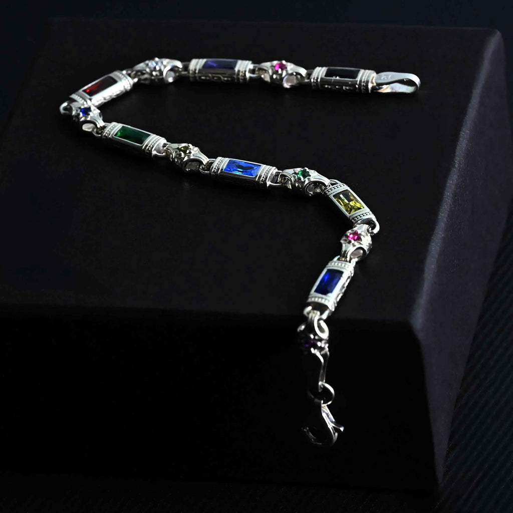 Multicolor Baguette Stone Sterling Silver Bracelet – Men’s Statement Jewelry, Gift for Him