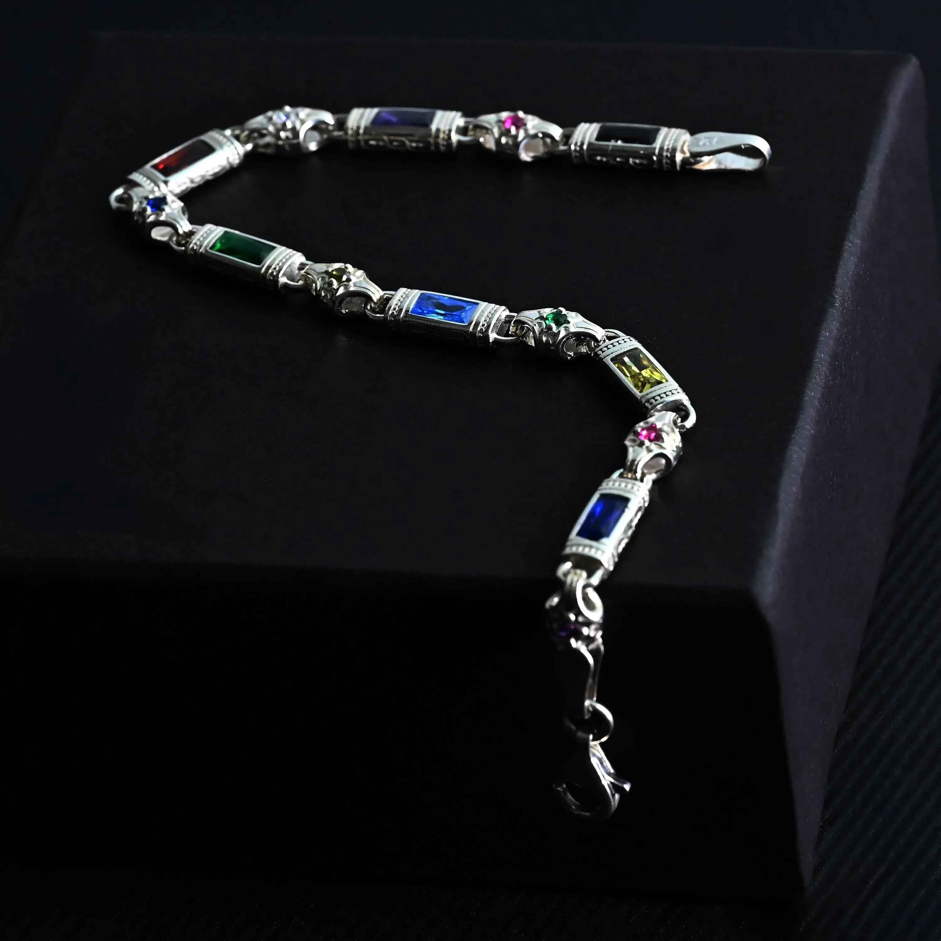 Multicolor Baguette Stone Sterling Silver Bracelet – Men’s Statement Jewelry, Gift for Him