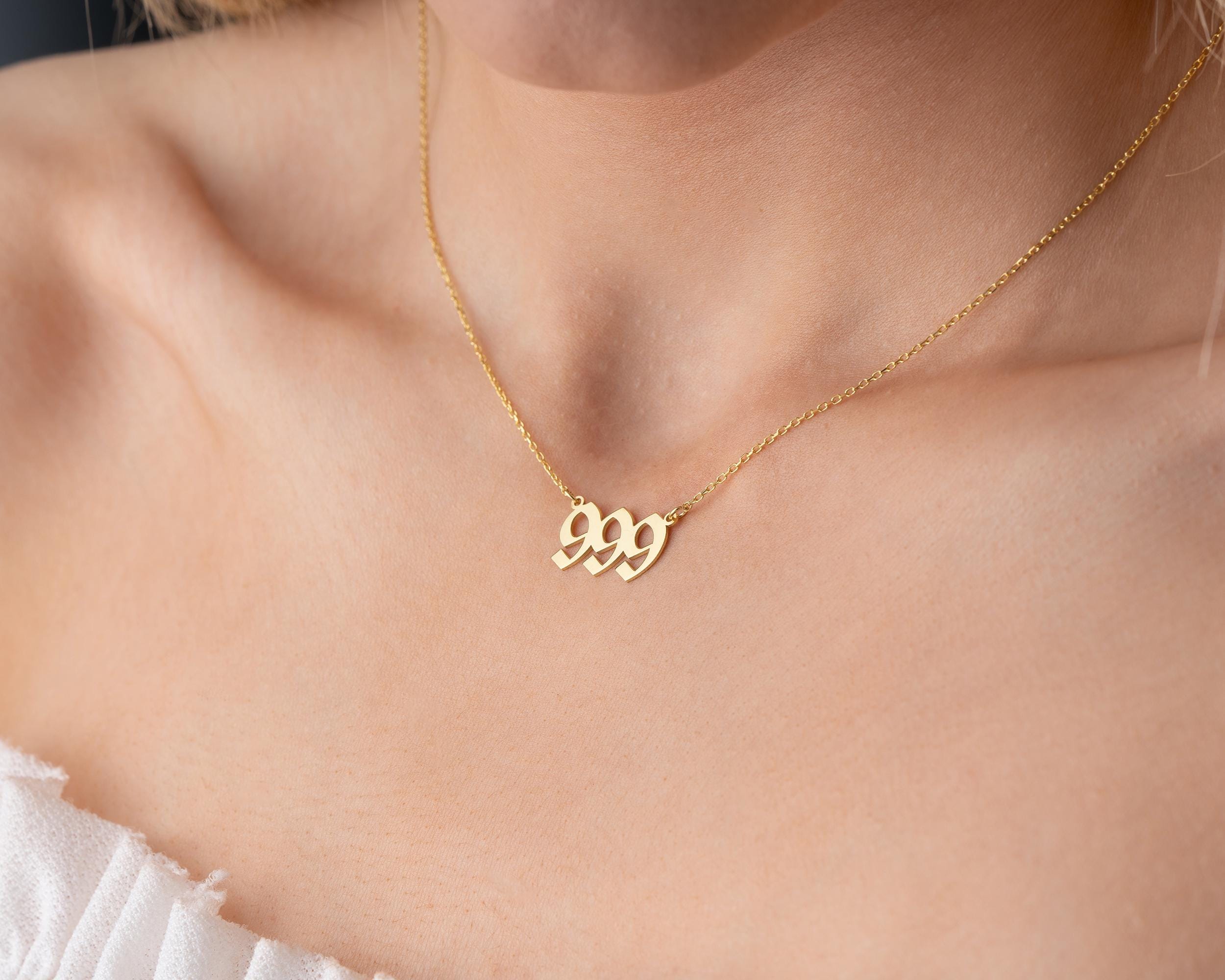 Gold 999 Angel Number Necklace: Sterling Silver Numerology Jewelry