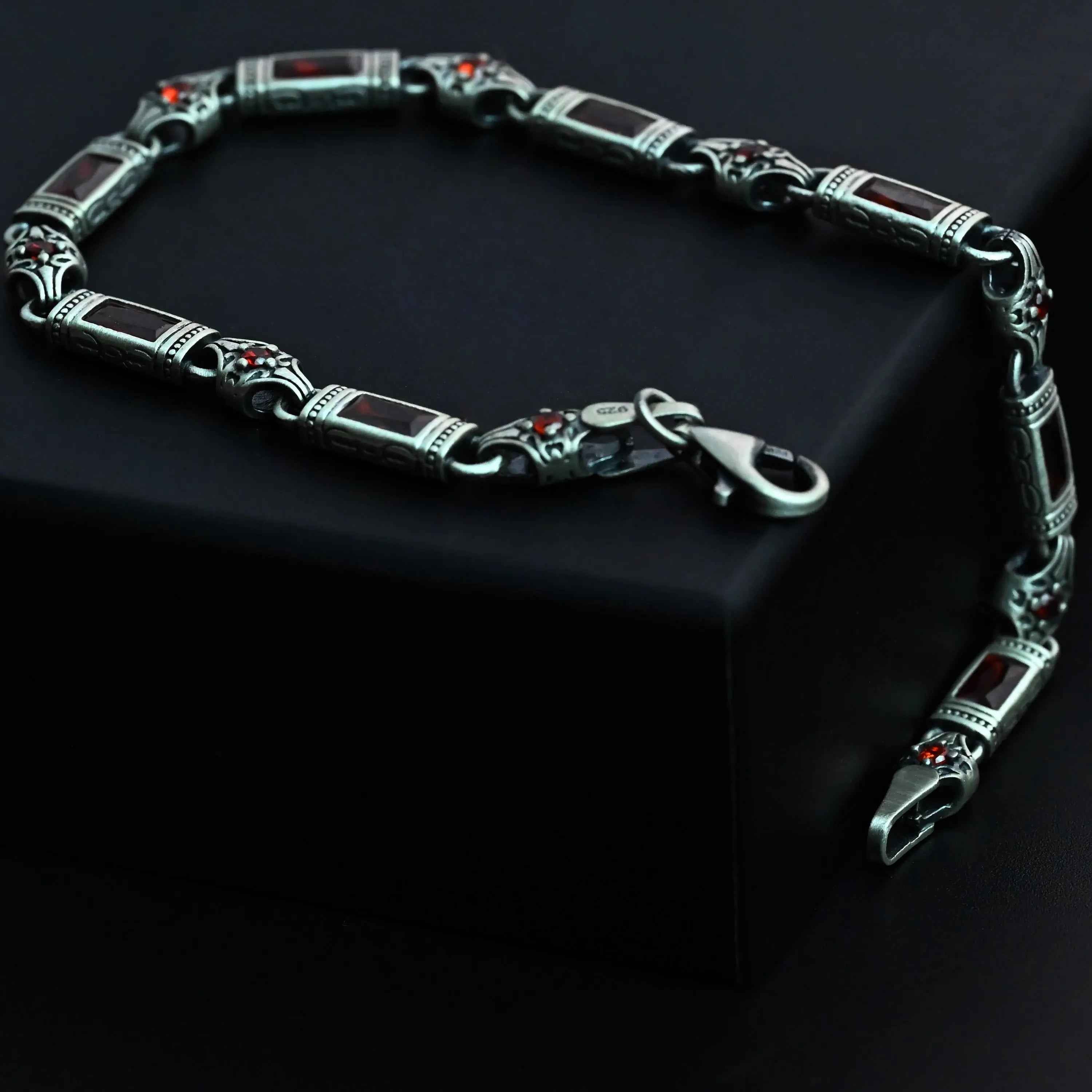 Sterling Silver Men’s Bracelet with Garnet Baguette Stones – Gift for Him