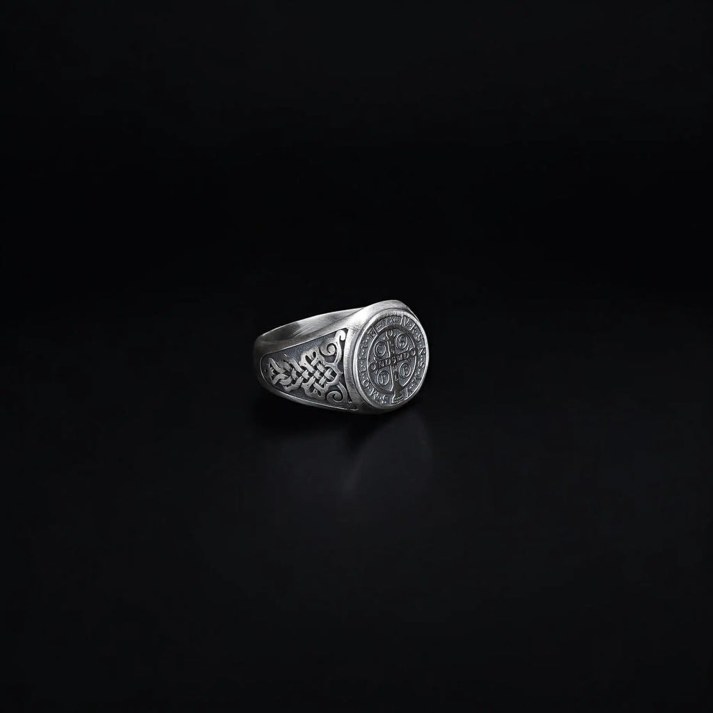 Sterling Silver St Benedict Medal Ring: Religious Signet Jewelry   Charmora Jewelry
