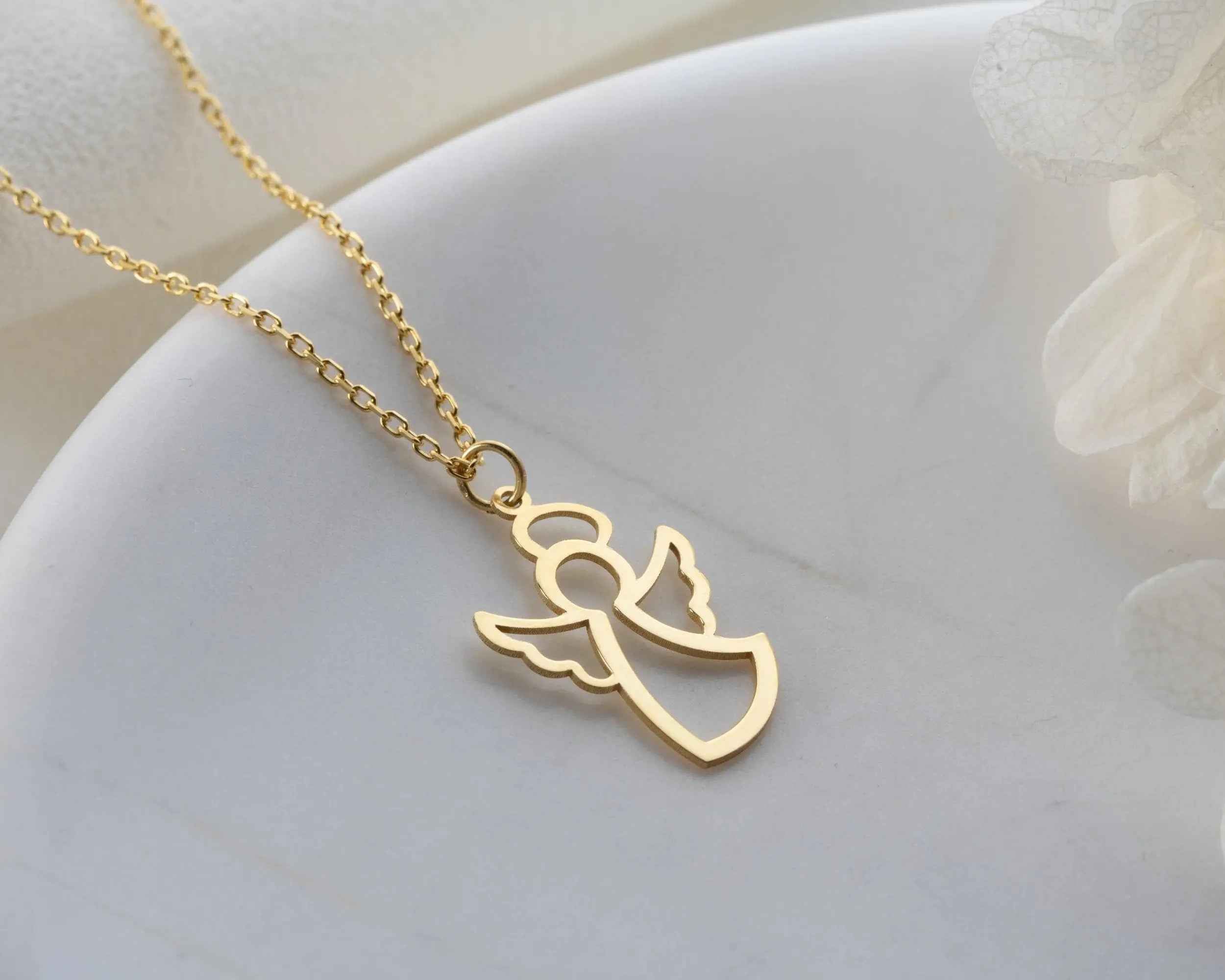 Solid Gold Angel Wing Necklace: 10K-18K Gold Pendant