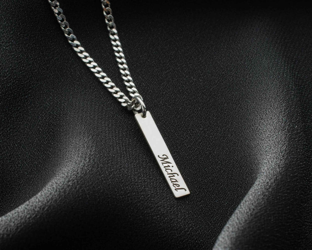 Personalized Sterling Silver Bar Necklace: Engraved Name, Morse Code, Coordinates