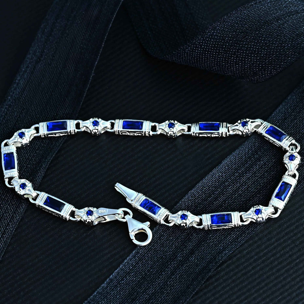 Sterling Silver Men’s Bracelet with Sapphire Baguette Stones – Gift for Him