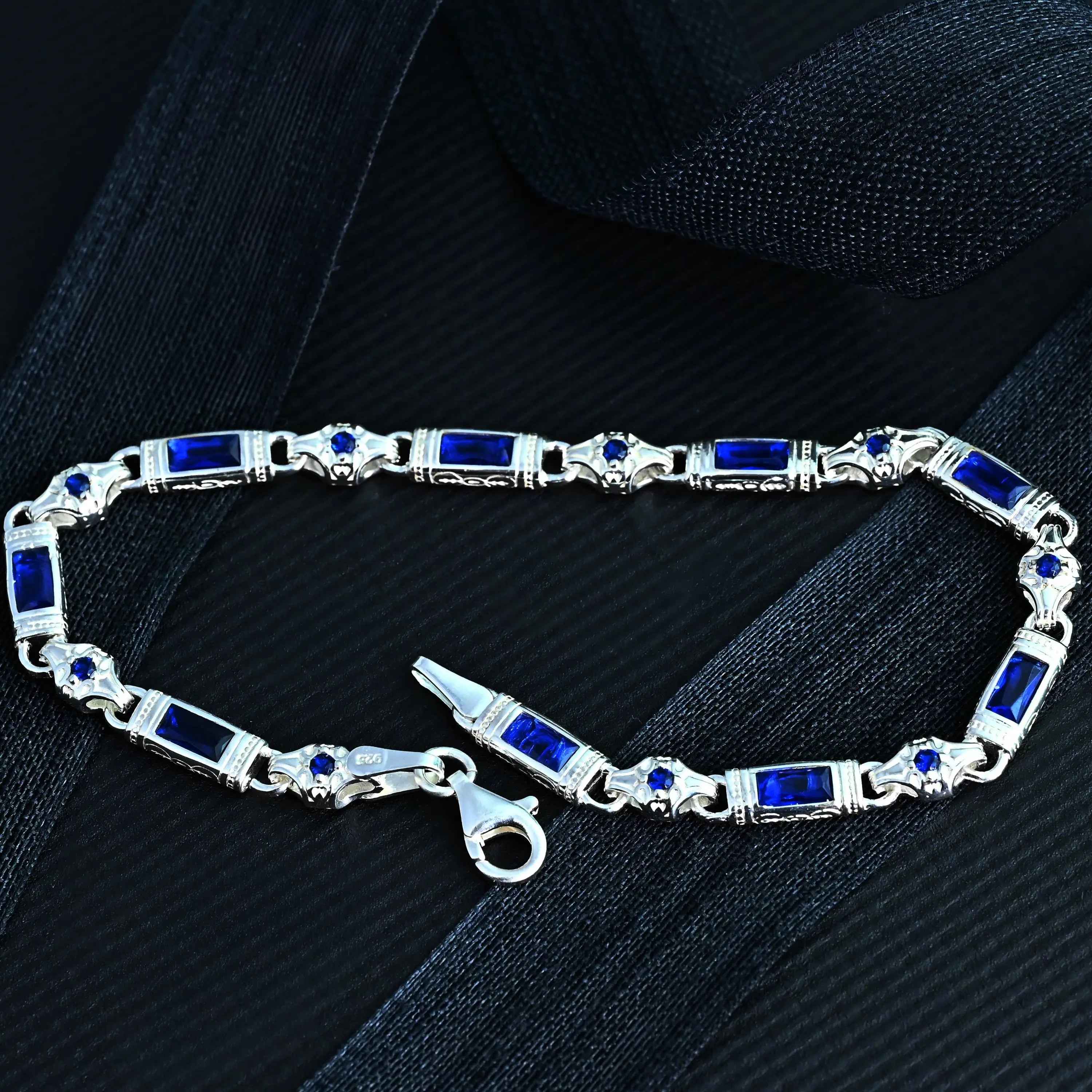 Sterling Silver Men’s Bracelet with Sapphire Baguette Stones – Gift for Him
