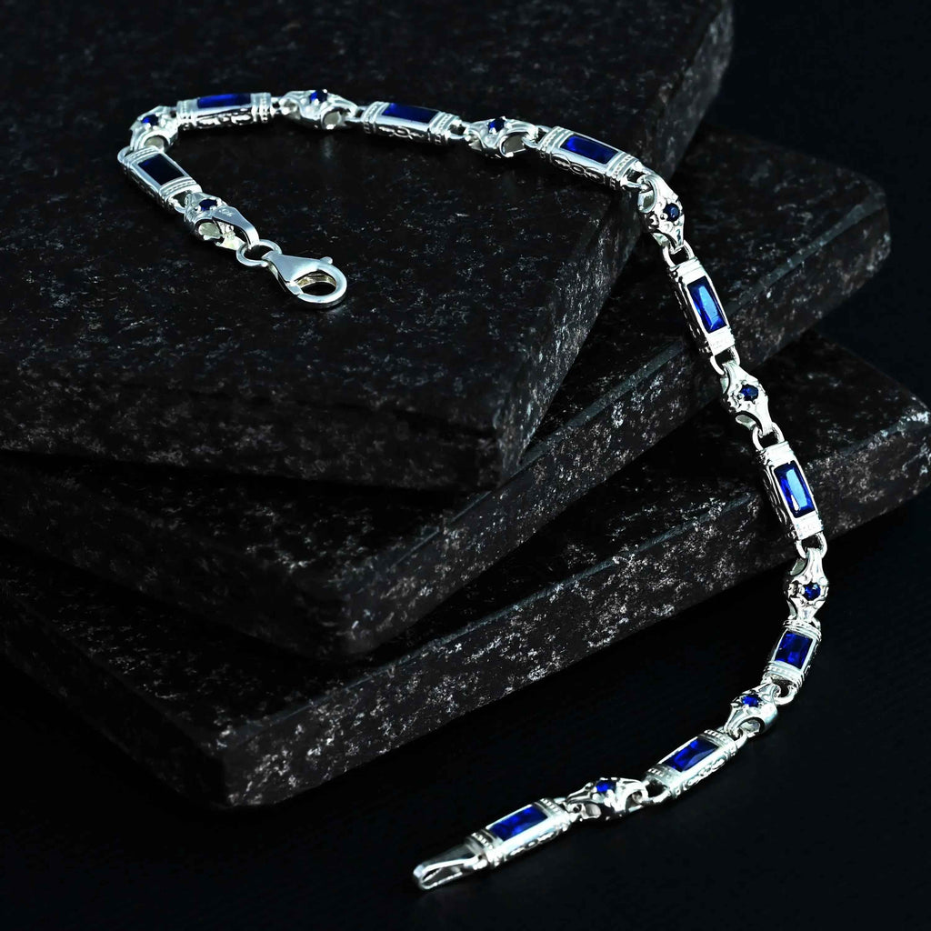 Sterling Silver Men’s Bracelet with Sapphire Baguette Stones – Gift for Him