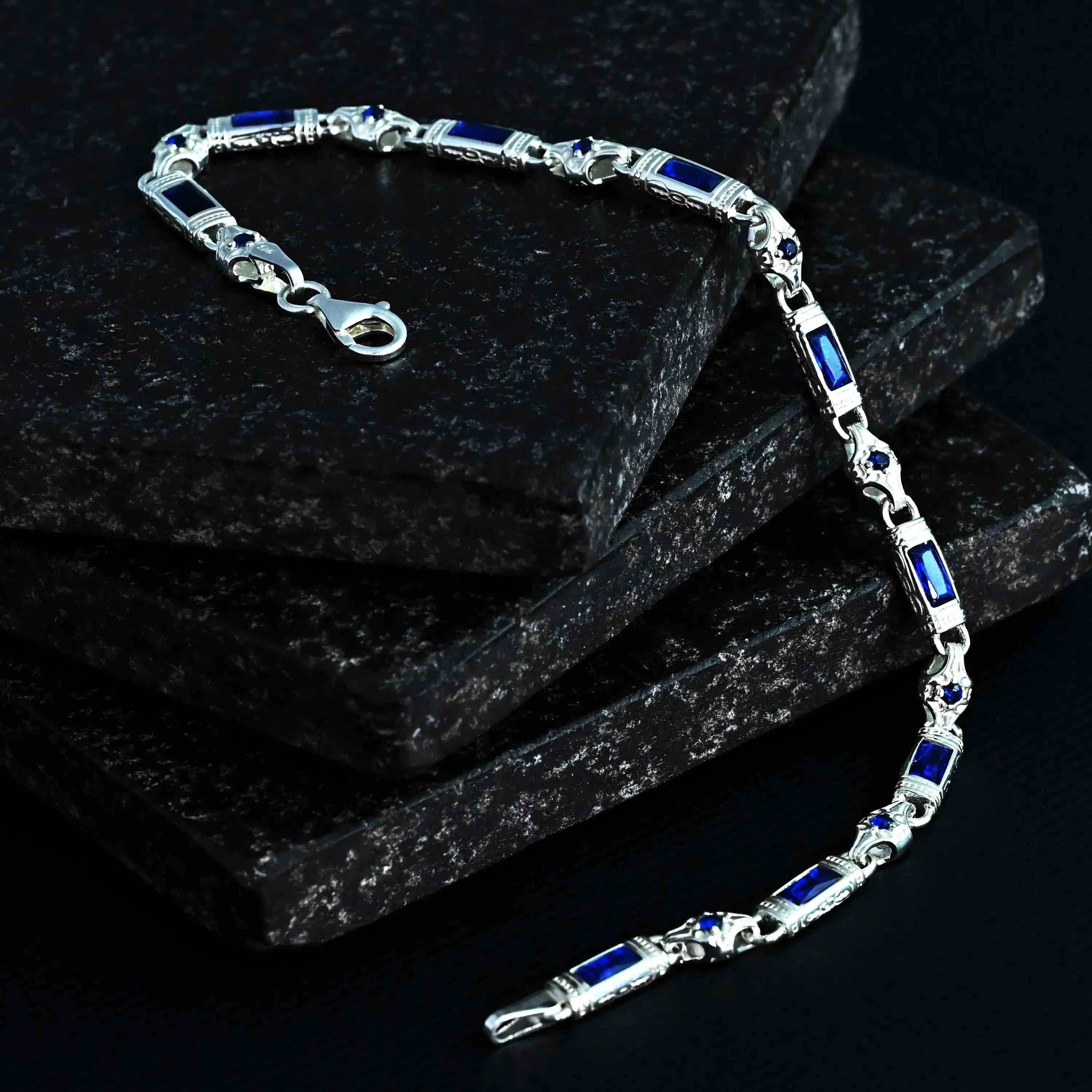 Sterling Silver Men’s Bracelet with Sapphire Baguette Stones – Gift for Him