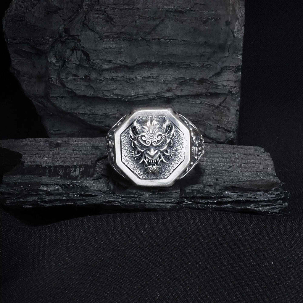 Sterling Silver Oni Mask Ring: Japanese Samurai Biker Jewelry