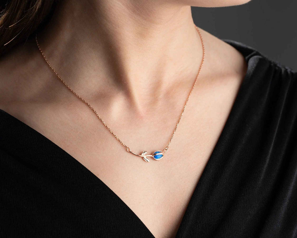 Sterling Silver Tulip Necklace: Blue Australian Opal Pendant