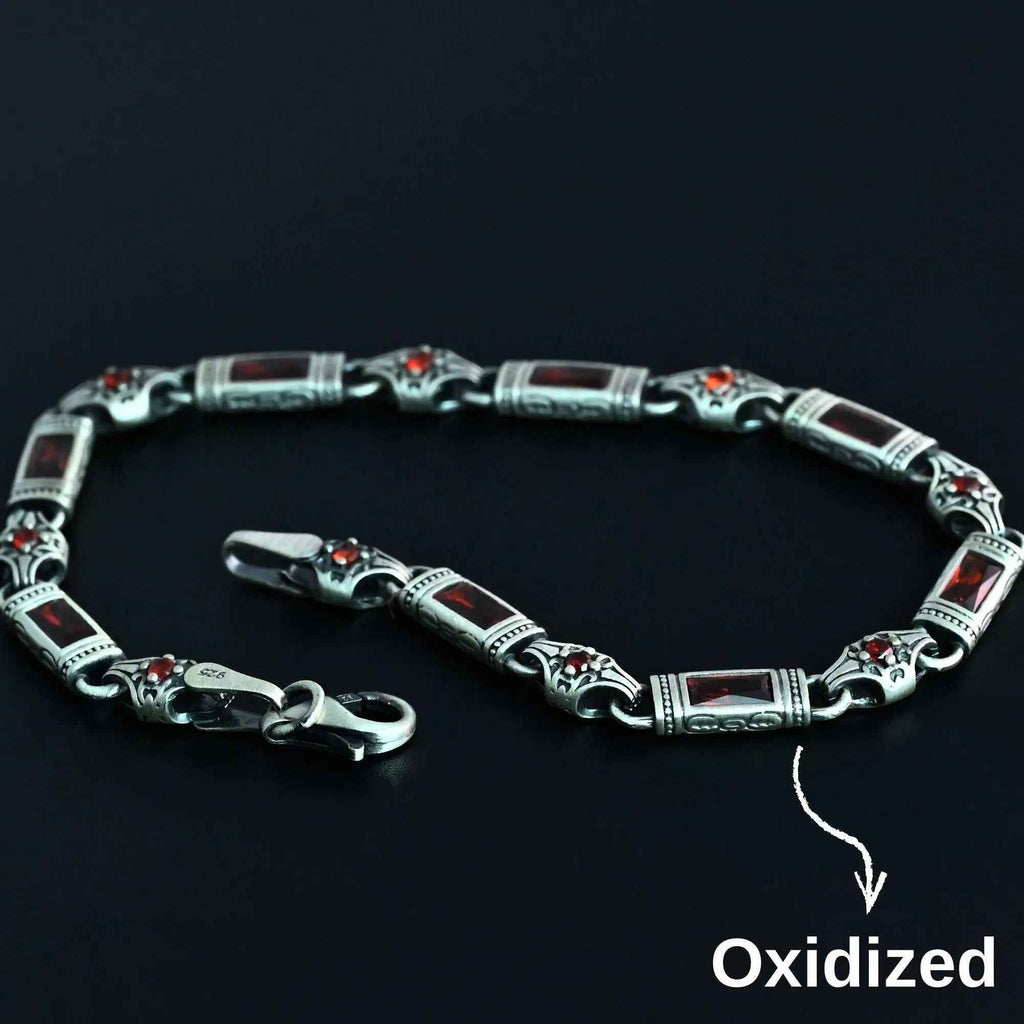 925 Sterling Silver Men's Bracelet: Onyx - Garnet - Navy Blue Zircon Vintage Link Design