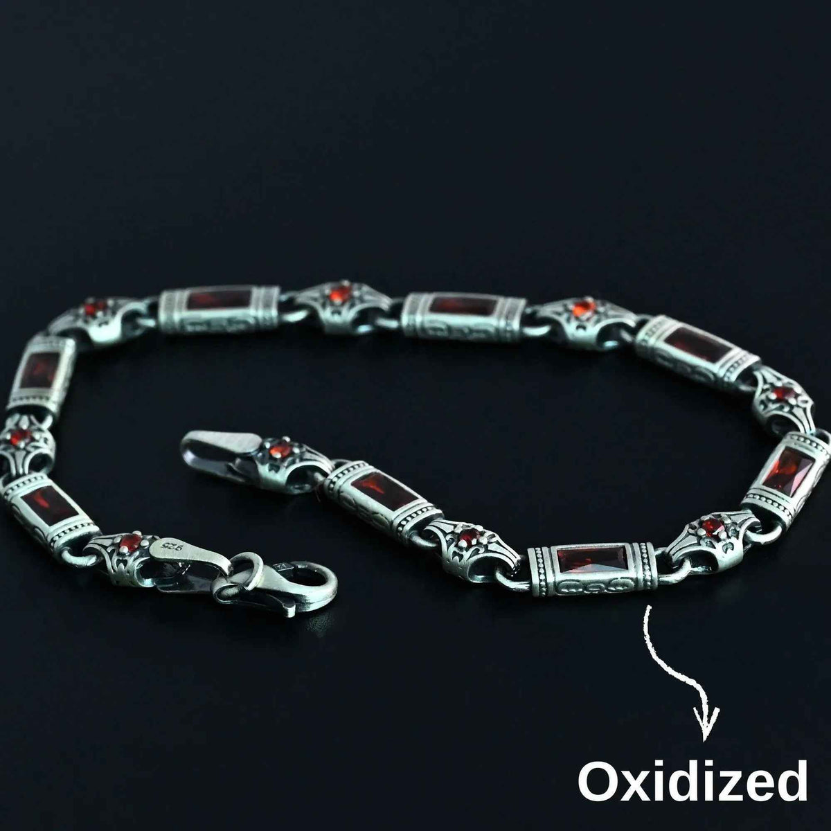 925 Sterling Silver Men's Bracelet: Onyx - Garnet - Navy Blue Zircon Vintage Link Design