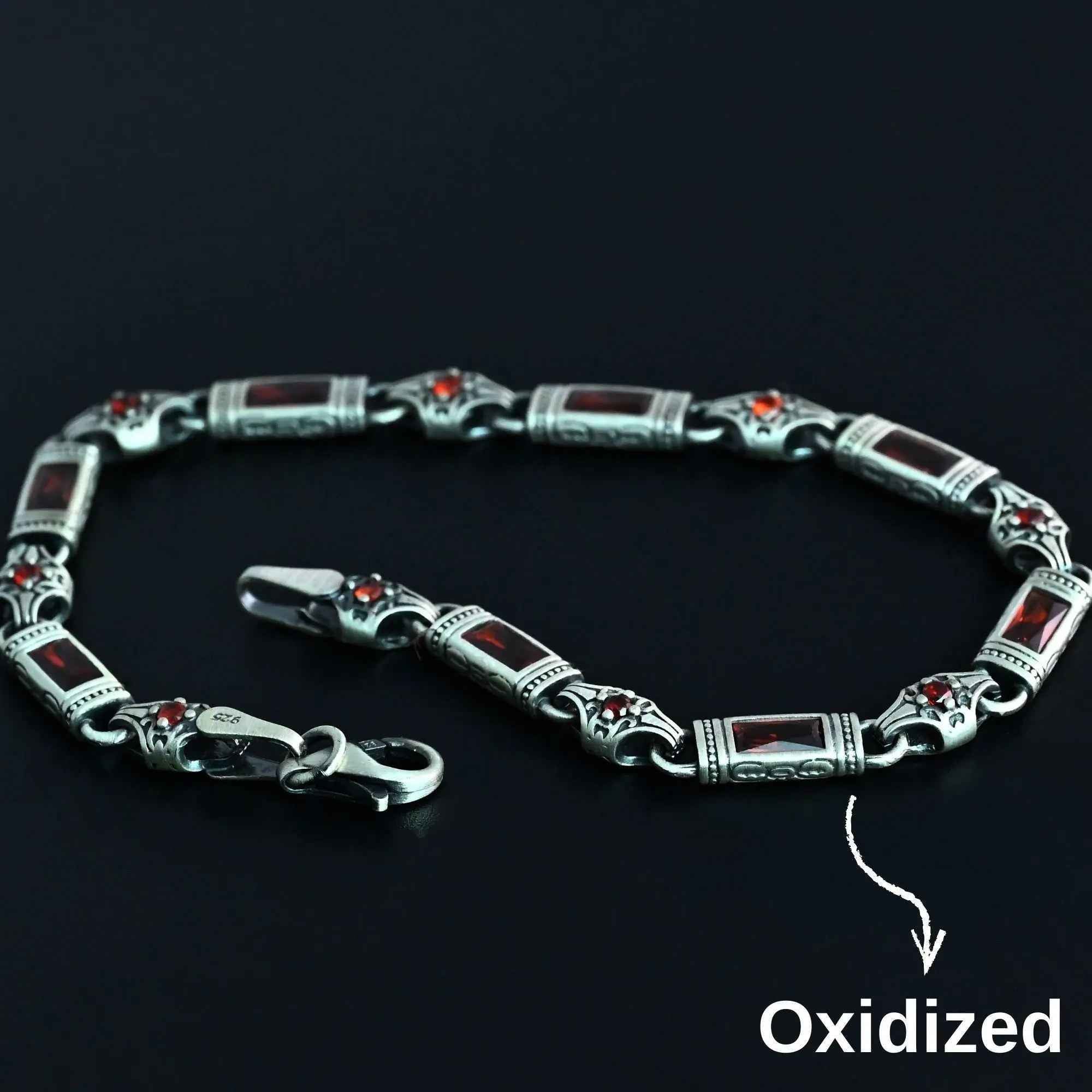 925 Sterling Silver Men's Bracelet: Onyx - Garnet - Navy Blue Zircon Vintage Link Design