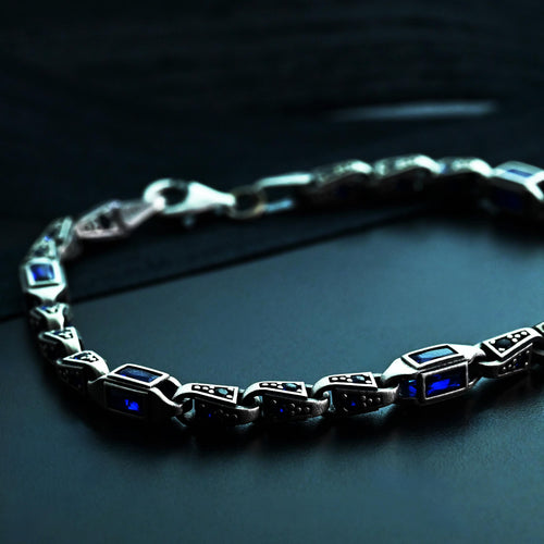 925 Sterling Silver Blue Baguette Bracelet for Men, Modern Men’s Jewelry Gift