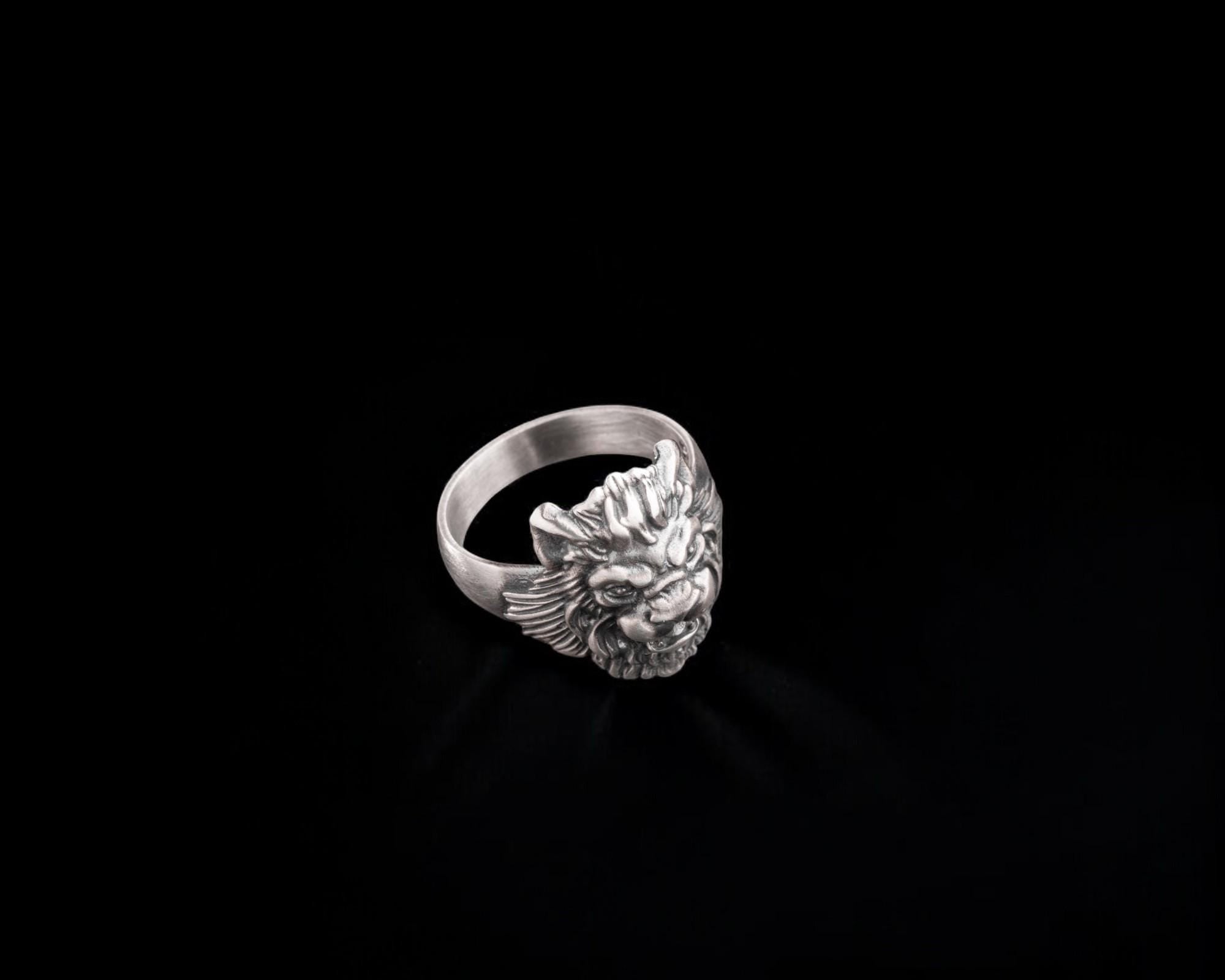 Sterling Silver Lion Head Ring - Handmade Mens Jewelry