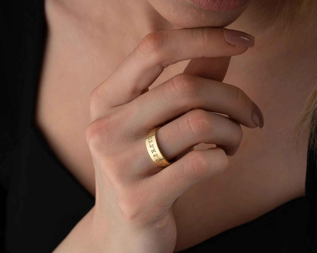 Solid Gold Coordinates Ring: Custom Engraved Anniversary Jewelry